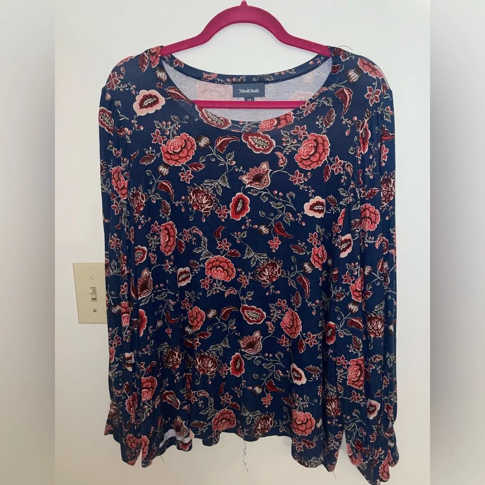 Modcloth Navy Floral Long-Sleeve Blouse - Picture 2 of 6